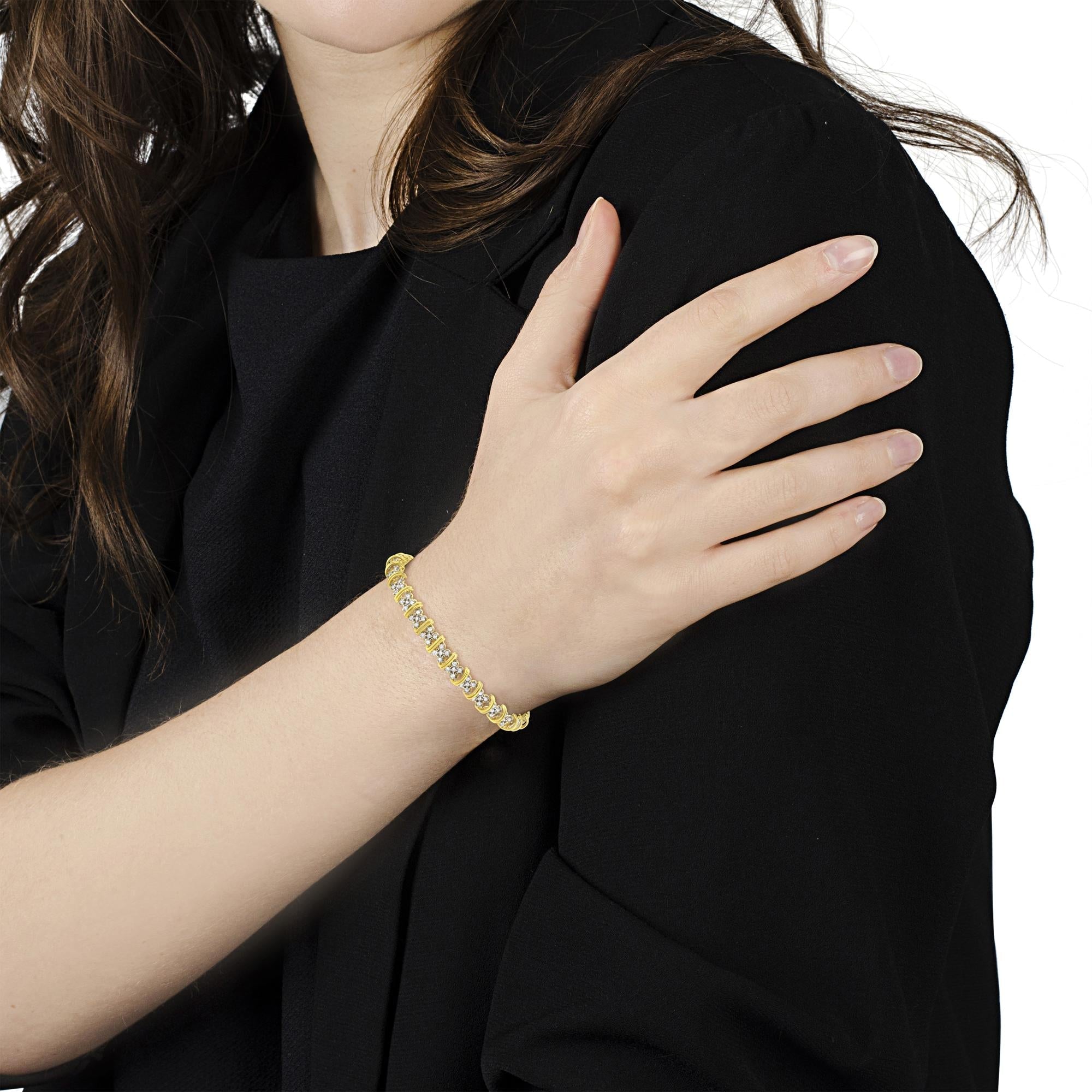 10K Yellow Gold Plated .925 Sterling Silver 2.0 Cttw Round Diamond Cluster "X" Shaped Link Bracelet (H-I Color, I3 Clari
