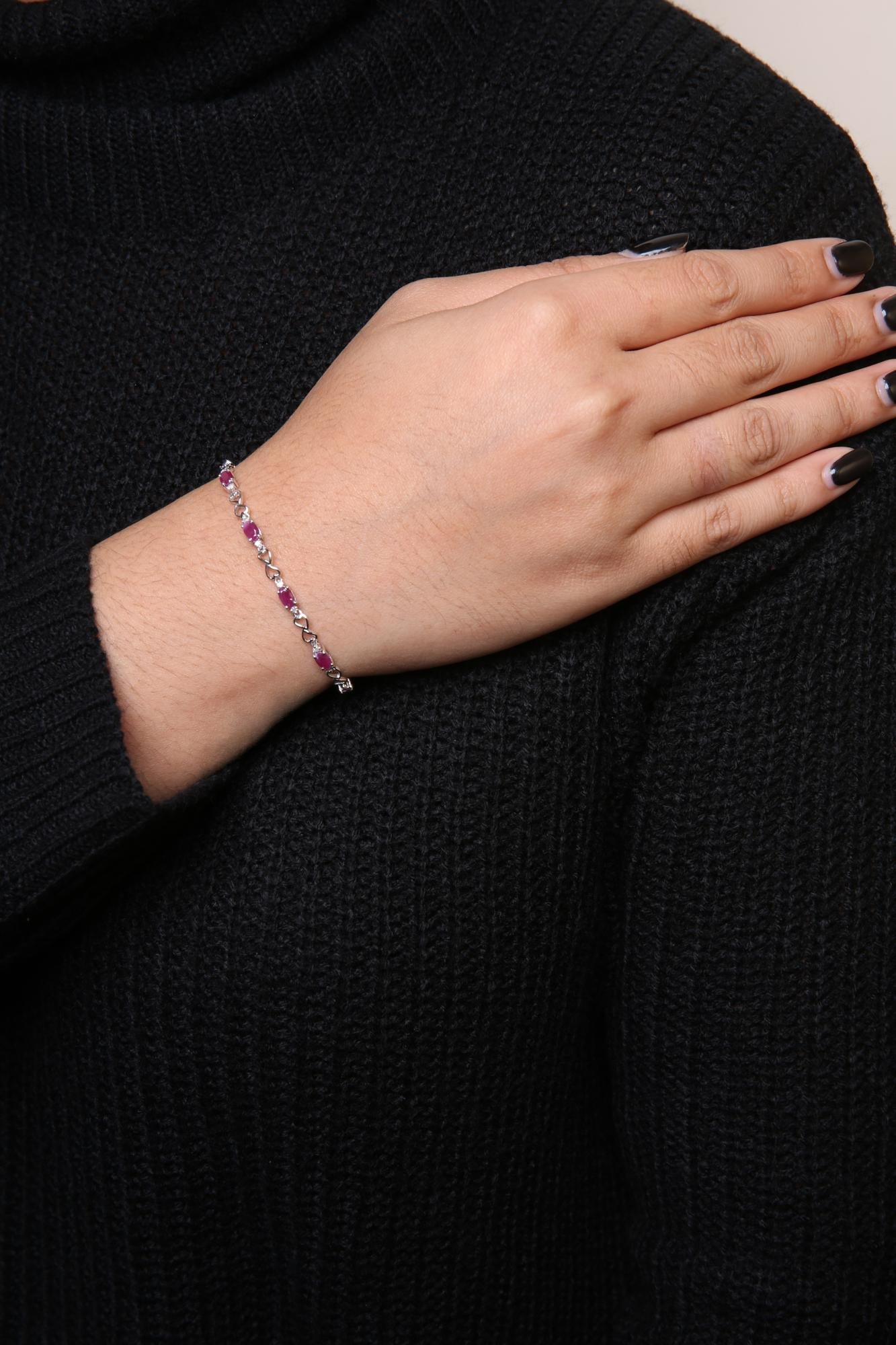 Pink Oval Ruby & Diamond Link Bracelet in .925 Sterling Silver 7.25”