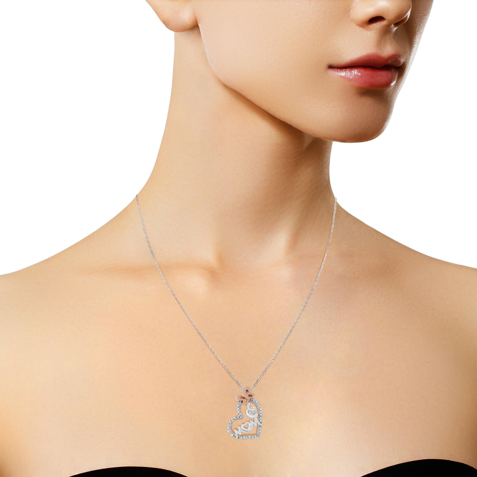 Diamond Heart “Mom” Pendant Necklace in Two-Tone Sterling Silver (1/5 Cttw)