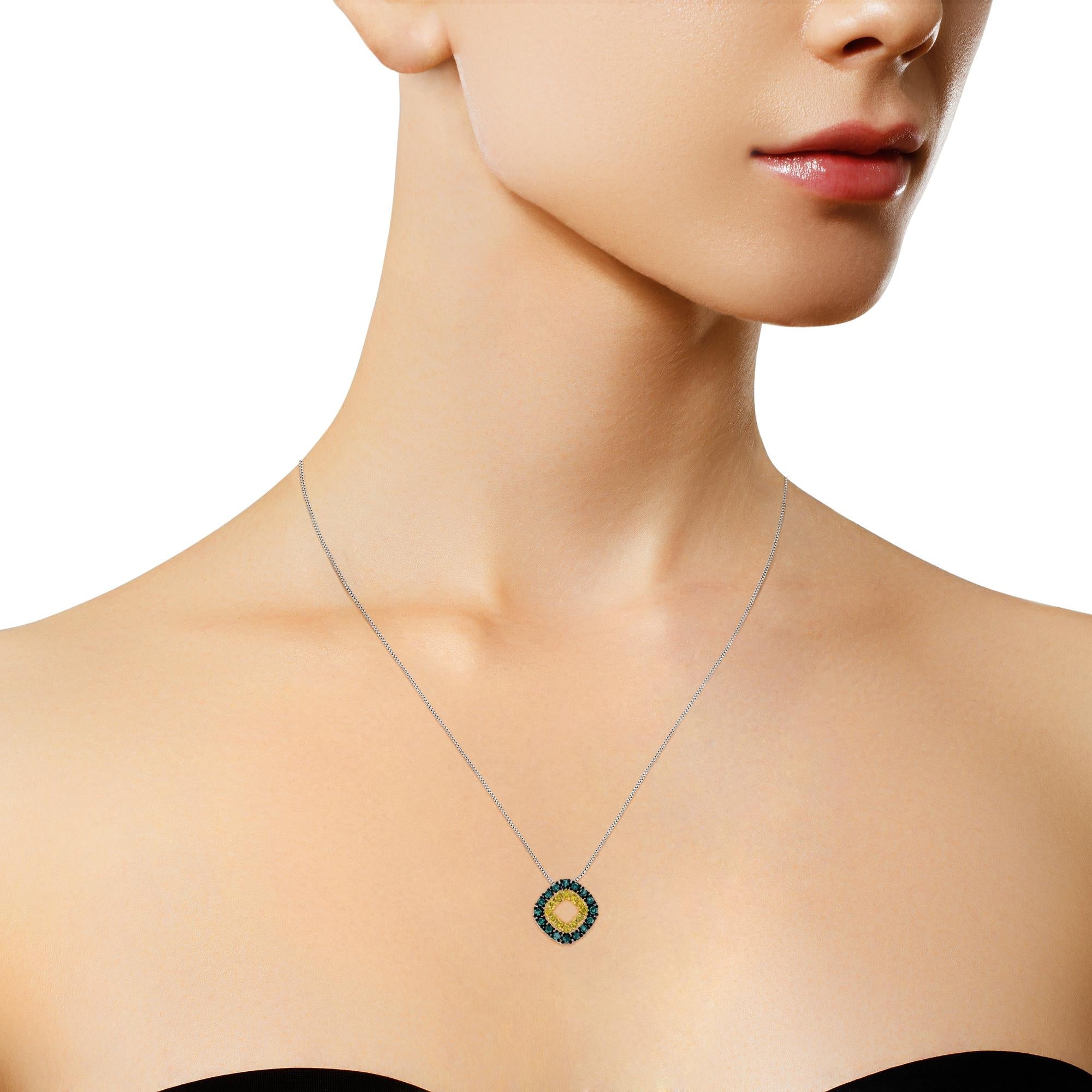 .925 Sterling Silver 1/2 Cttw Treated Blue and Yellow Diamond Double Square 18" Pendant Necklace (Blue/Yellow Color, I2-