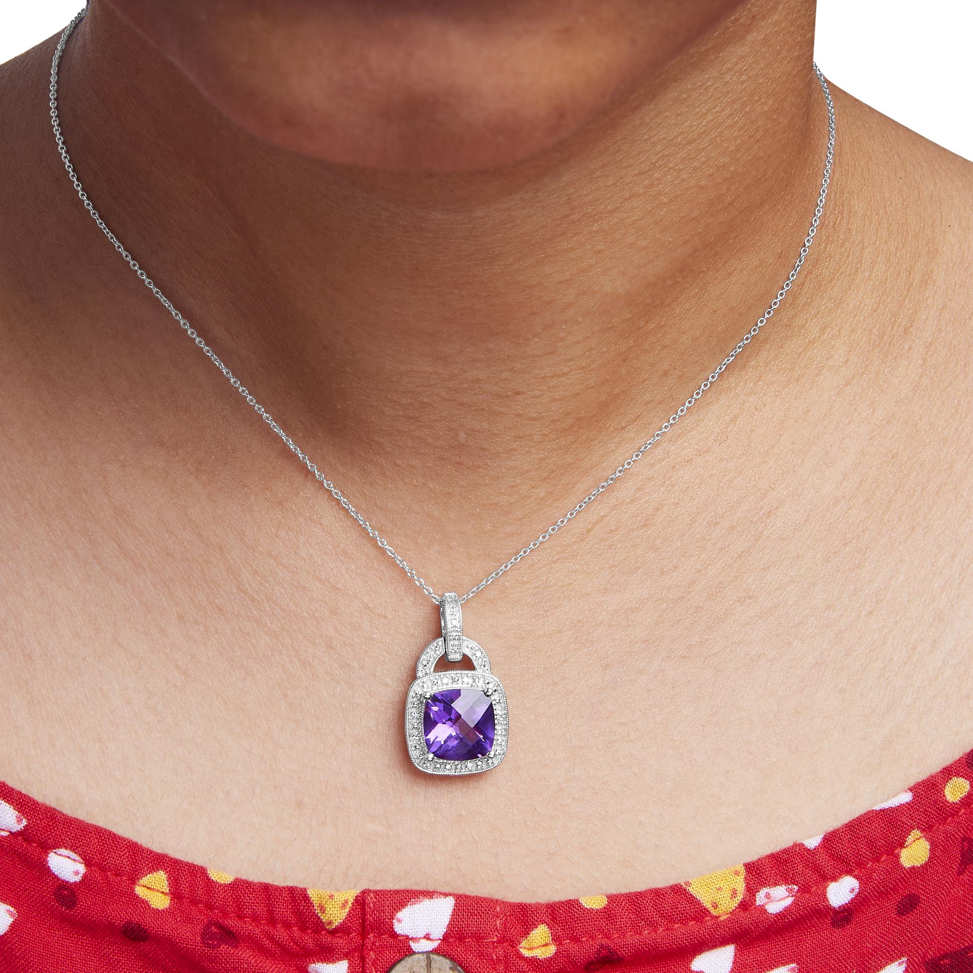 .925 Sterling Silver 10X10 MM Cushion Purple Amethyst and Diamond Accent Halo 18" Pendant Necklace (I-J Color, I1-I2 Cla