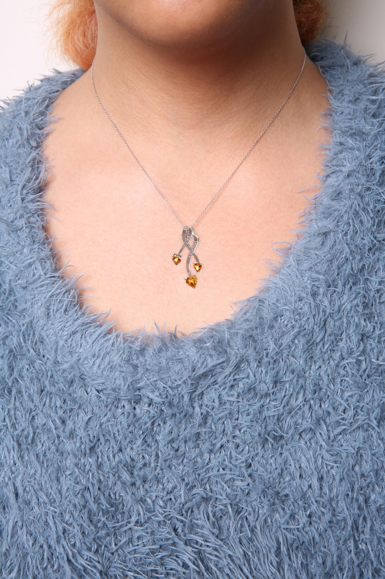 .925 Sterling Silver 3-Stone Heart Shape Citrine and Diamond Accent Spiral Drop 18" Pendant Necklace (H-I Color, SI1-SI2