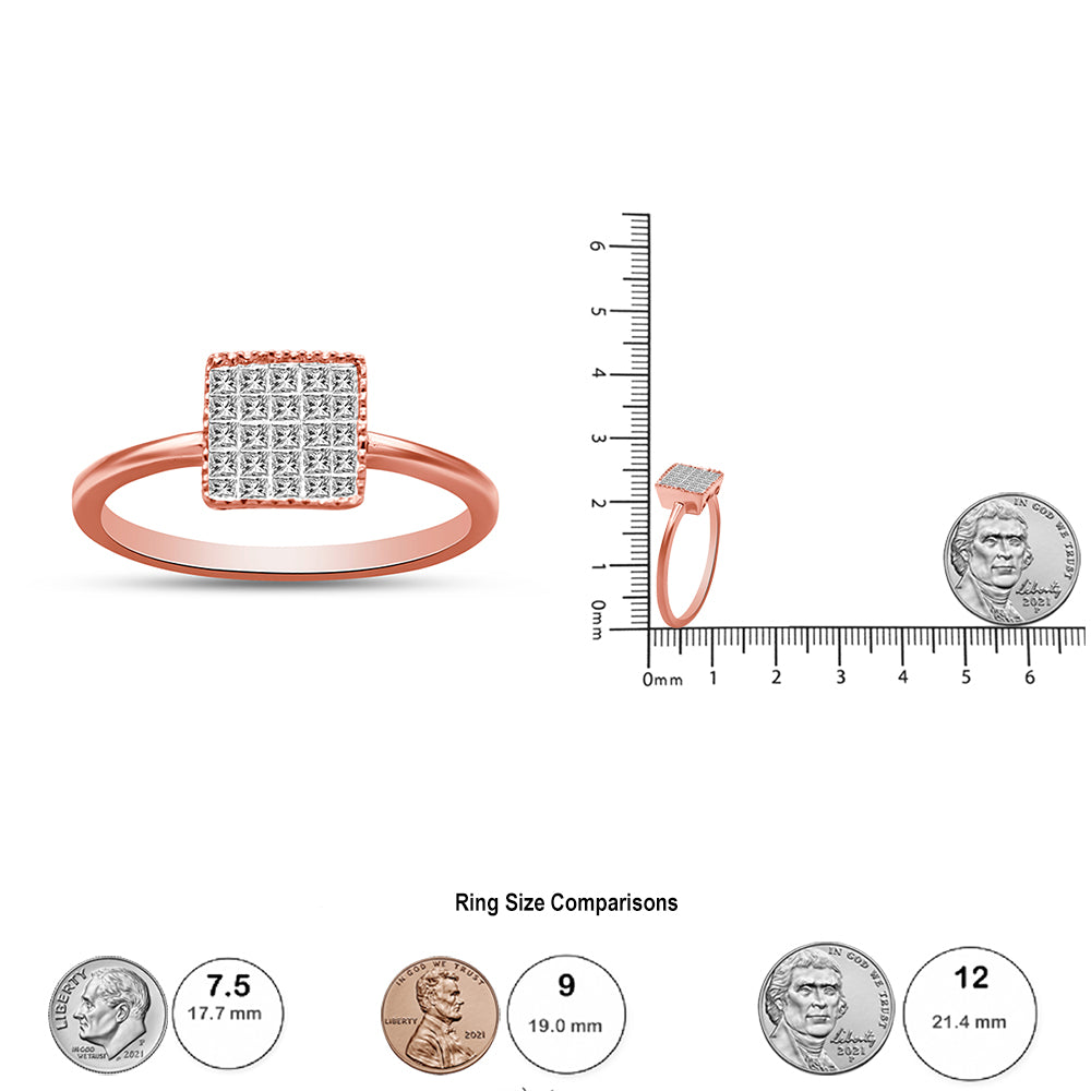10K Rose Gold 1/3 Cttw Invisible Set Princess Cut Diamond Composite Square Shape Ring for Women (H-I Color, I1-I2 Clarit