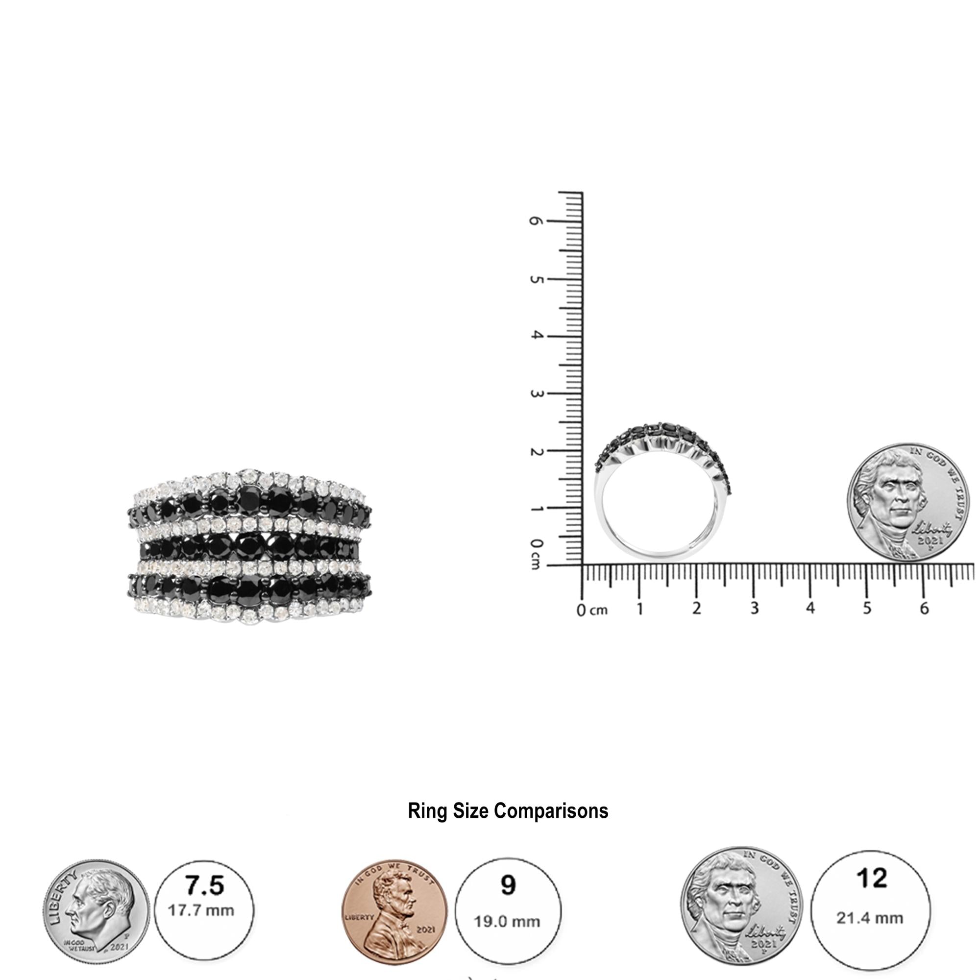 .925 Sterling Silver 1 3/4 Cttw Treated Black and White Alternating Diamond Multi Row Band Ring (Black / I-J Color, I2-I