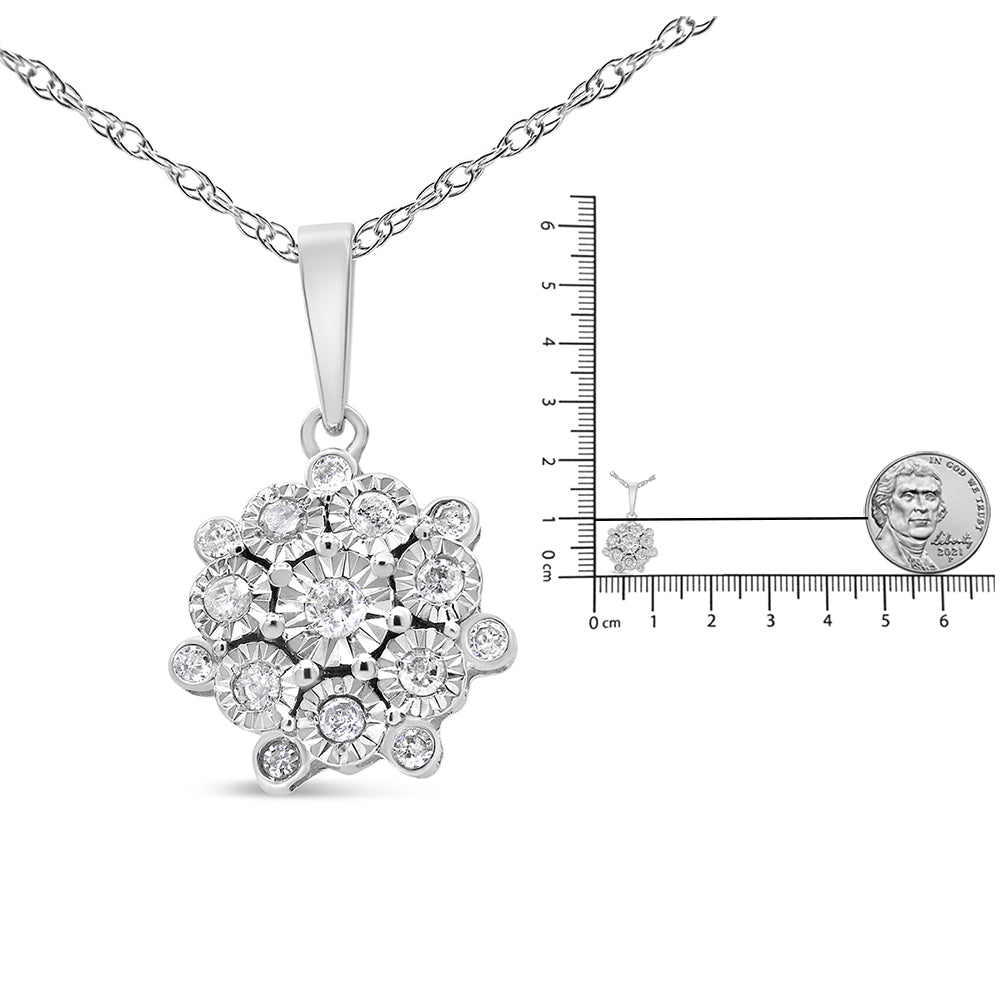 .925 Sterling Silver 1/4 Cttw Diamond Floral Cluster Pendant Necklace (I-J, I2-I3)