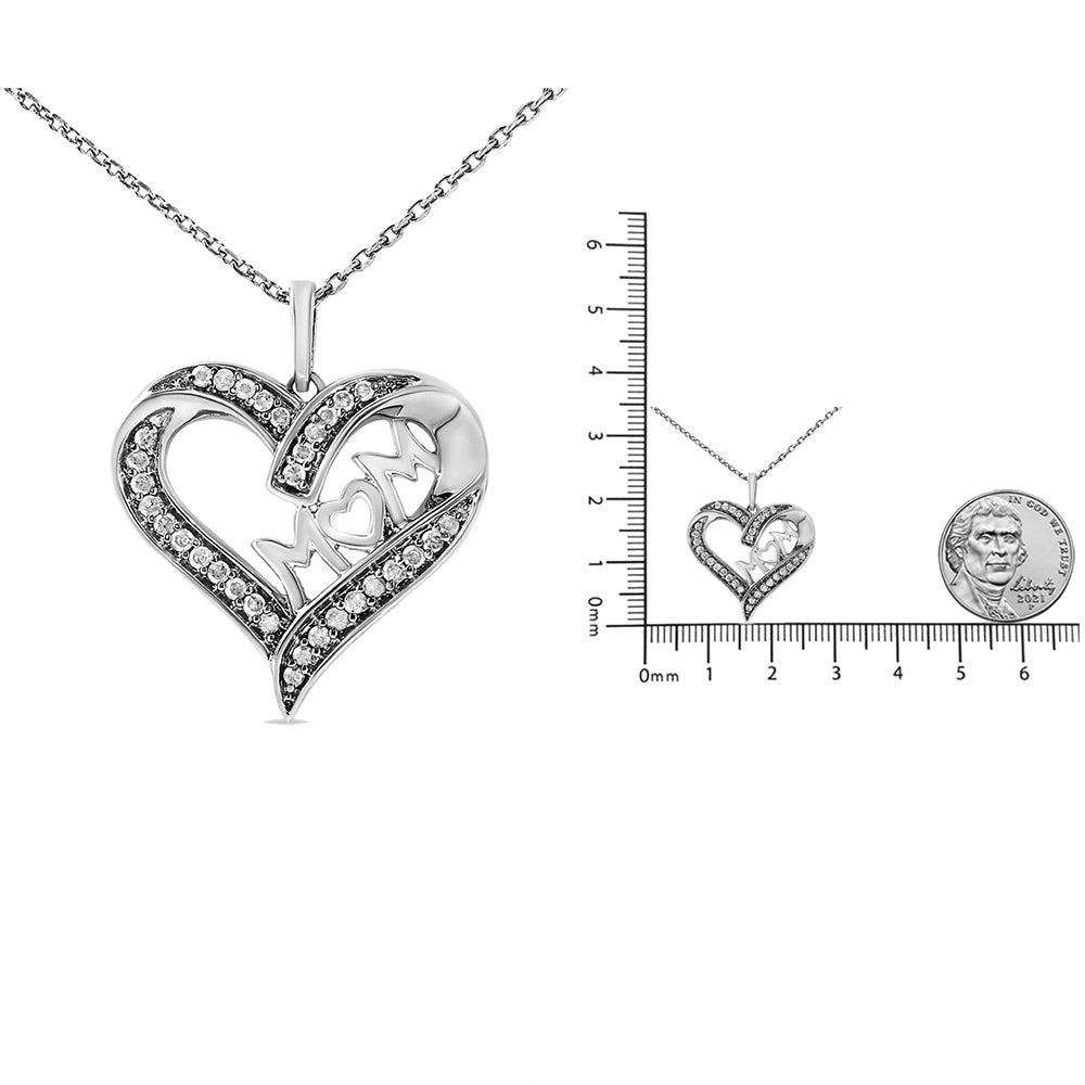 .925 Sterling Silver 1/4 Cttw Diamond Engraved "Mom" in Heart Pendant Necklace (I-J Color, I3 Clarity)